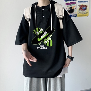 夏季港风冰丝宽松连帽短袖t恤五分体恤上衣TLM2254-P40控58图片