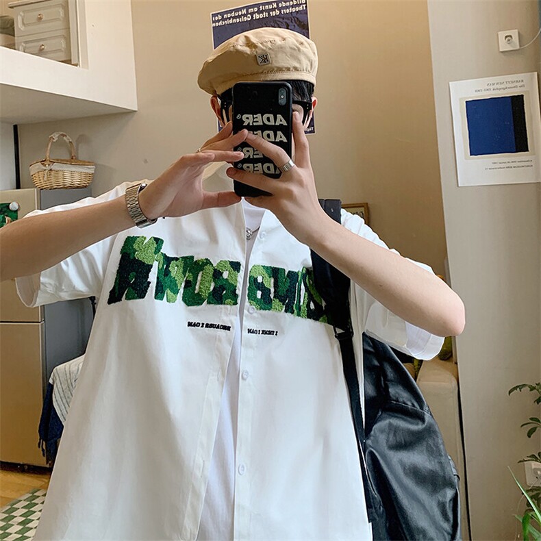 1港风字母刺绣设计大码M-5XL中性风网红短袖衬衫男DCS7722P45控59，男装衬衫，星座226-2