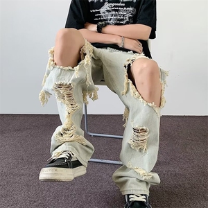 美式街头破洞牛仔裤男宽松欧美高街vibe风长裤子N08231-P45图片