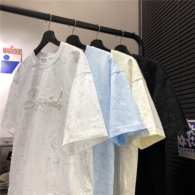 300克创意珍珠LOGO假两件短袖T恤半袖男女 815A-BT13-P45控68图片