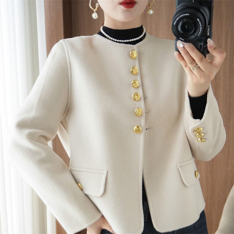 英伦风短款减龄羊毛厚呢子粉色毛呢外套秋冬新款圆领双面羊绒大衣，女装双面呢大衣，悦洋羊绒