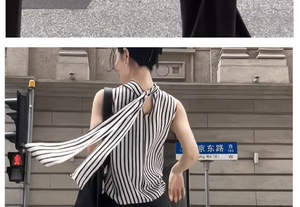 雪纺条纹无袖衫带衫图片