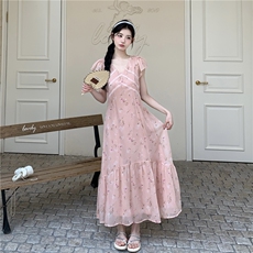 温柔风粉色碎花连衣裙女夏新款法式复古显瘦超仙绝美鱼尾拼接长裙，女装连衣裙，2C122