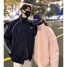 情侣装冬装港风条纹织带棉服棉衣休闲加厚外套男女G1107P118，男装棉衣，电商A339