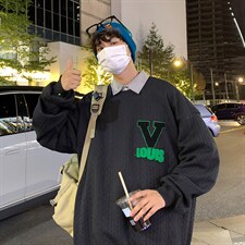 WY3627-P48秋装新款款港风华夫格毛巾绣潮流宽松男士休闲圆领卫衣，男装卫衣，电商A009A（原A058A）