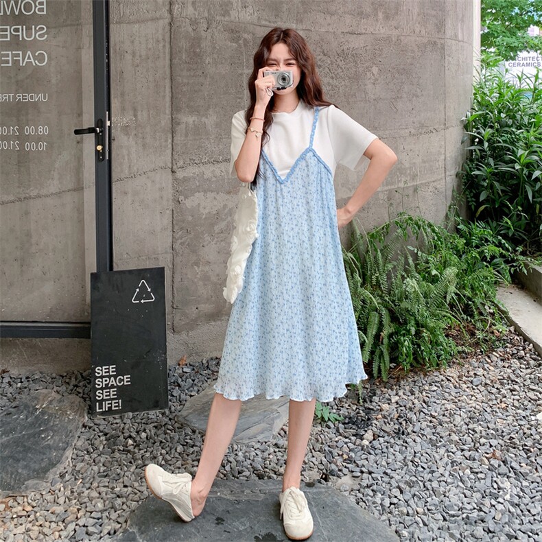 韩系撞色拼接连衣裙女2025夏季新款蓝色碎花设计感假两件T恤裙,女装连衣裙,2C275