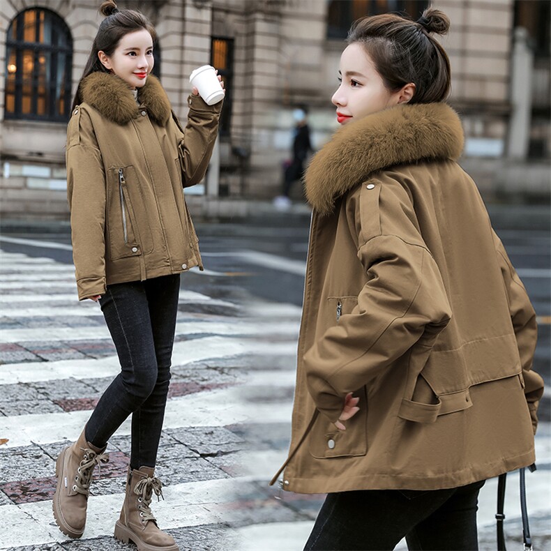 棉衣/棉服2021新款冬仿羊羔毛中长款工装棉服派克服女外套配毛领，女装派克服，瑶迪依秀
