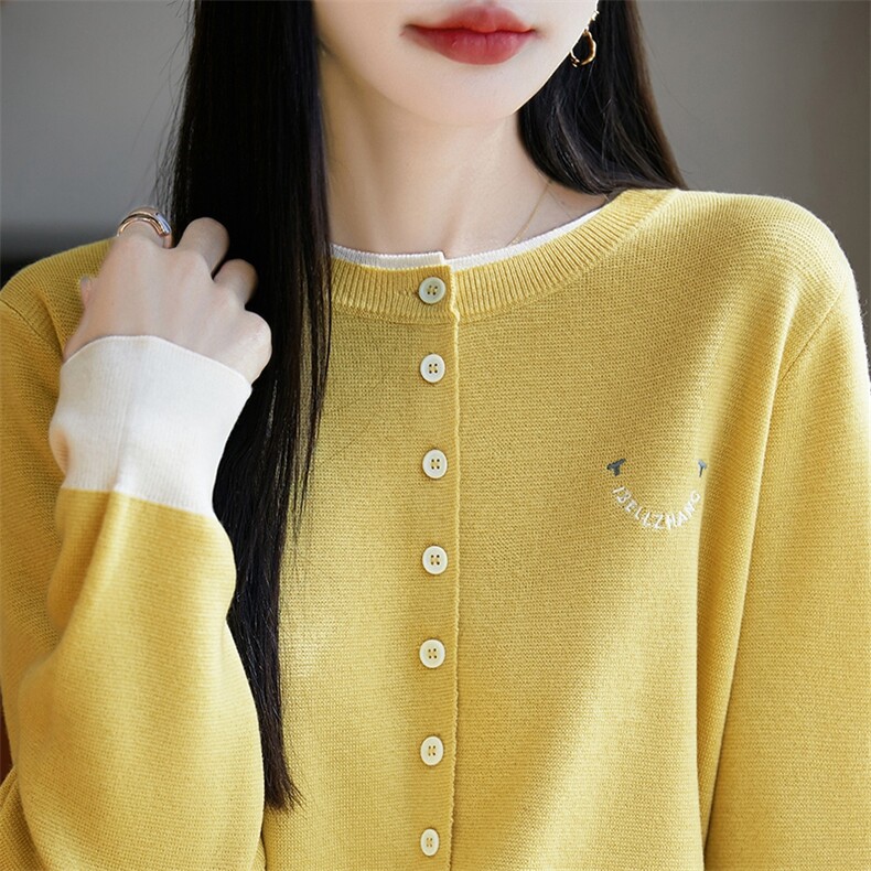 假两件圆领拼色针织开衫女2025春季小个子短外套韩系减龄外搭上衣,针织衫/毛衣,暖烁羊绒