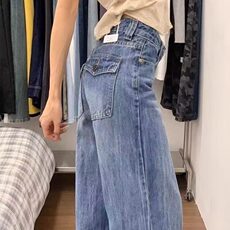 网图现货美式高腰复古蓝直筒宽松休闲牛仔裤女K0675/P45，男装牛仔裤，星座205-3