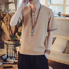 T97*2021夏季男士中国风棉麻短袖T恤衫灰蓝*P25，男装T恤，星座1516（原B303）