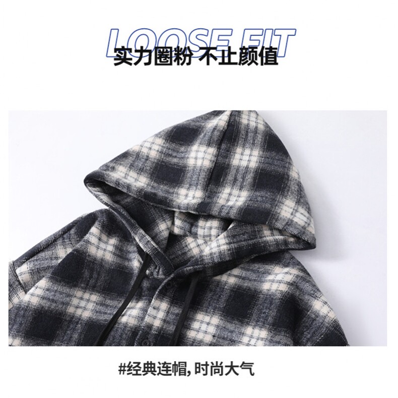 港味格子连帽衬衫外套男女秋季2025年新宽松慵懒风中长款休闲上衣,男装衬衫,星座1210-1