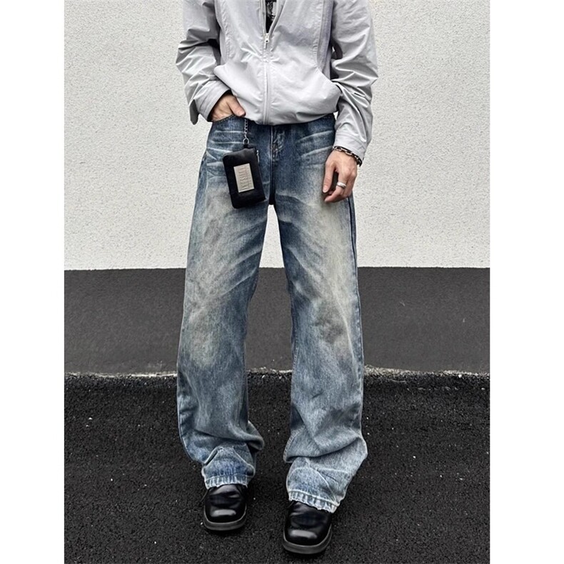 做旧猫须纹垂感牛仔裤秋季宽松cleanfit长裤男女NZA963,男装牛仔裤,星座516A