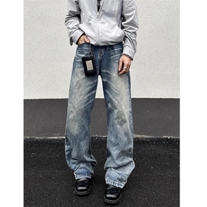 做旧猫须纹垂感牛仔裤秋季宽松cleanfit长裤男女NZA963
