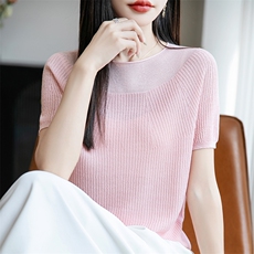 圆领短袖t恤女2025夏季新款洋气漂亮独特上衣高级感针织纯色半袖，女装T恤，菲奥羊绒