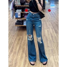 美式蓝色微喇破洞牛仔裤女薄款2025夏季新款小个子高腰马蹄喇叭裤，男装牛仔裤，星座1210-1