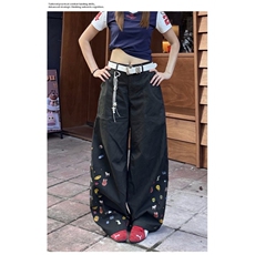 美式复古宽松弯刀工装裤男女高街休闲拖地阔腿印花cleanfit长裤，男装工装外套，星座601-1