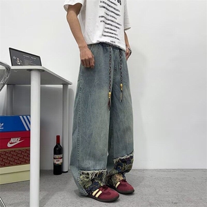 牛仔裤男女韩版潮流文艺百搭拼接直筒2026夏季ins长裤RK2566-P45图片