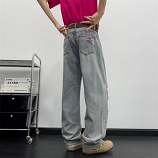 破洞牛仔裤男款美式高街做旧潮流宽松直筒休闲百搭长裤子2088P46，男装牛仔裤，星座410-2
