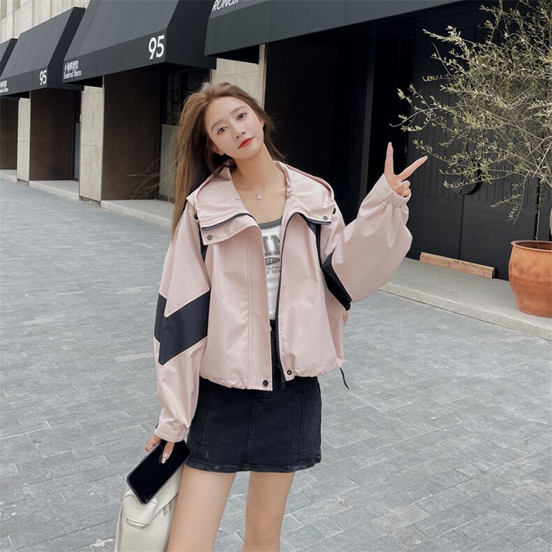 粉色冲锋衣外套女春秋2025新款甜酷撞色小个子连帽工装休闲夹克潮，女装短外套，帛香坊