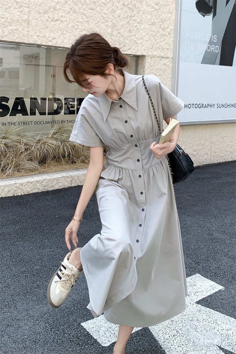 时髦简约气质淡人翻领连衣裙女2025夏季松弛显瘦泡泡袖高腰衬衫裙,女装连衣裙,2D145