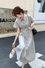 时髦简约气质淡人翻领连衣裙女2025夏季松弛显瘦泡泡袖高腰衬衫裙，女装连衣裙，2D145