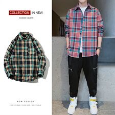 春季新款青少年长袖衬衫男士格子百搭衬衣帅气上衣服潮DS684T，男装衬衫，电商A102