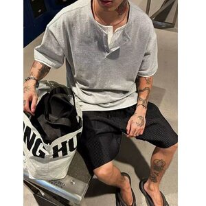 大码男装假两件亨利领设计感短袖T恤纯色日常正肩体恤衫潮牌图片