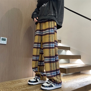 港风chic冬季加厚保暖格子直筒休闲长裤高级感阔腿裤男图片