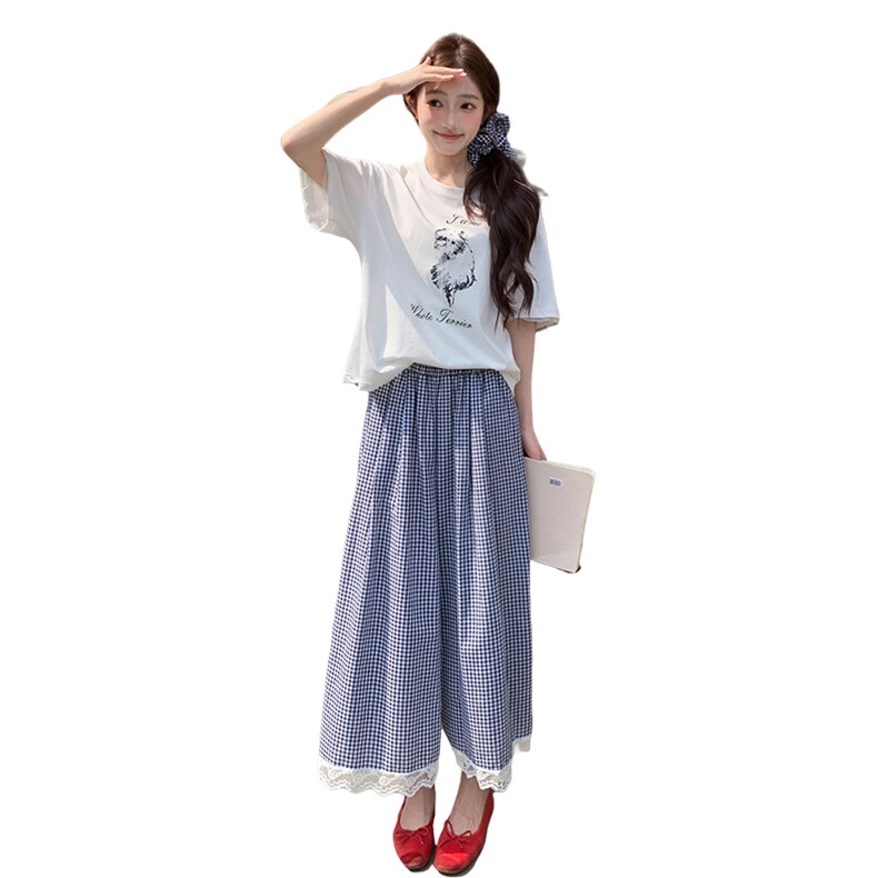 慵懒风印花T恤格子阔腿裙裤套装女2025夏季新款休闲小个子两件套,女装套装/套裙,千寻