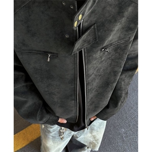 扎染正肩皮衣外套男款春秋立领哈灵顿夹克美式复古棒球服 J762图片