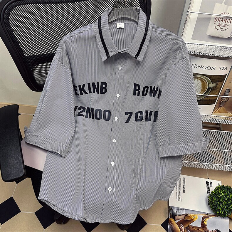 中性风条纹七分袖衬衫女日系大码M-5XL港风长袖衬衫男CCS8018P45,男装衬衫,星座227-7