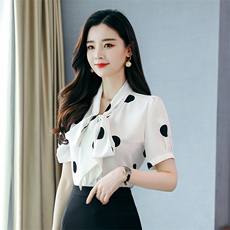 2022年夏季甜美短袖修身常规飘带大圆点百搭，女装衬衫，卡杰菲