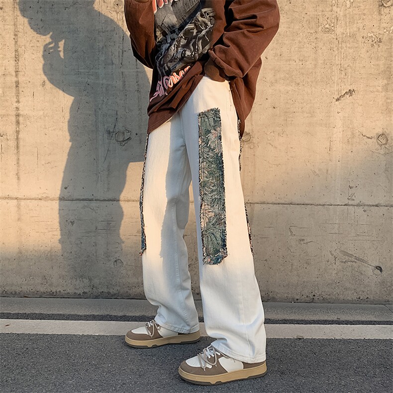牛仔裤男款美式vibe高街设计感小众毛边贴布休闲长裤N01043-P45,男装休闲裤,星座308B-1