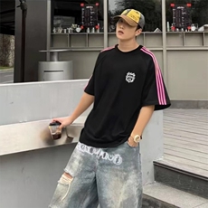抖音得物品质二开240克宽松纯棉美式潮牌印花三条杠中性风短袖T恤，男装T恤，电商A486-1