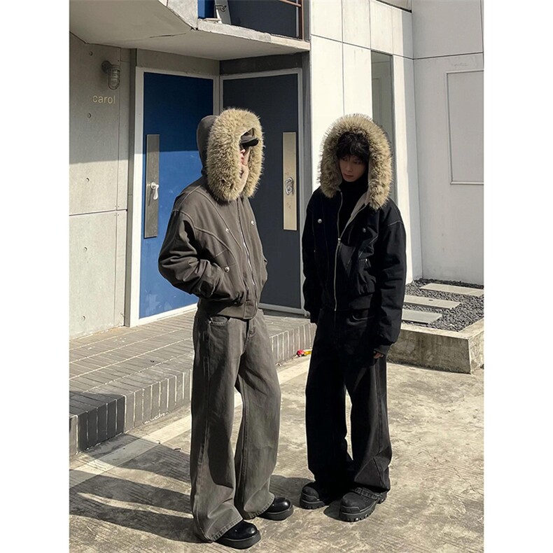 现货重磅boxy短款棉衣座山雕大毛毛领男女棉服水洗工装厚外套，男装棉衣，电商A486-1