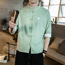 夏大码风中式短袖薄款透气盘扣亚麻棉麻衬衫唐装男女C30/P55，男装衬衫，钱塘713