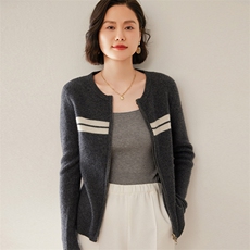 2024秋冬新款加厚羊绒开衫女士圆领时尚显瘦拼色毛衣针织羊毛外套，女装羊绒衫，尚达羊绒