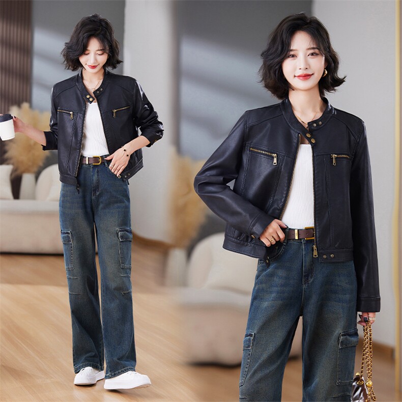 现货春秋宽松短款小个子机车PU美拉德美式复古皮衣外套女皮夹克,女装皮衣,美拉德工厂直营店