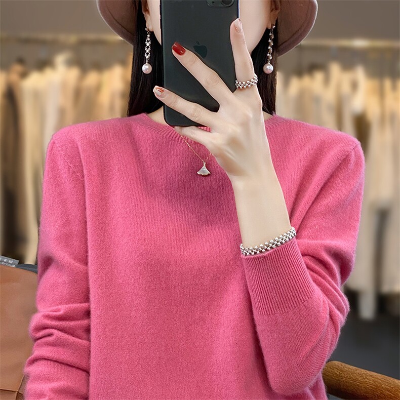 圆领新款针织长袖女纯色简约百搭宽松套头上衣,针织衫/毛衣,戎洋
