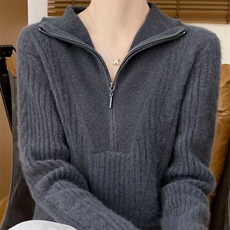 秋冬加厚麻花100%纯羊毛衫女半拉链立领长袖扭花软糯针织打底上衣，女装针织衫/毛衣，萱芳婷羊绒