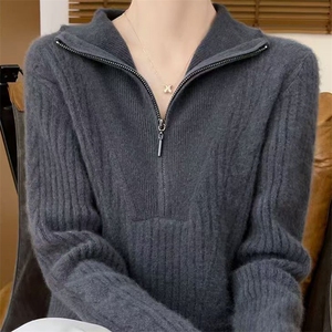 秋冬加厚麻花100%纯羊毛衫女半拉链立领长袖扭花软糯针织打底上衣图片