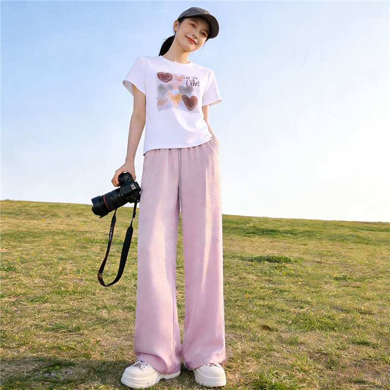 港风休闲运动套装女夏季新款爱心白色圆领短袖T恤粉色长裤两件套,女装套装/套裙,江南