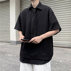 新中式立领男士衬衫短袖夏季痞帅高级感男装七分中袖无领衬衣，男装衬衫，星座1013