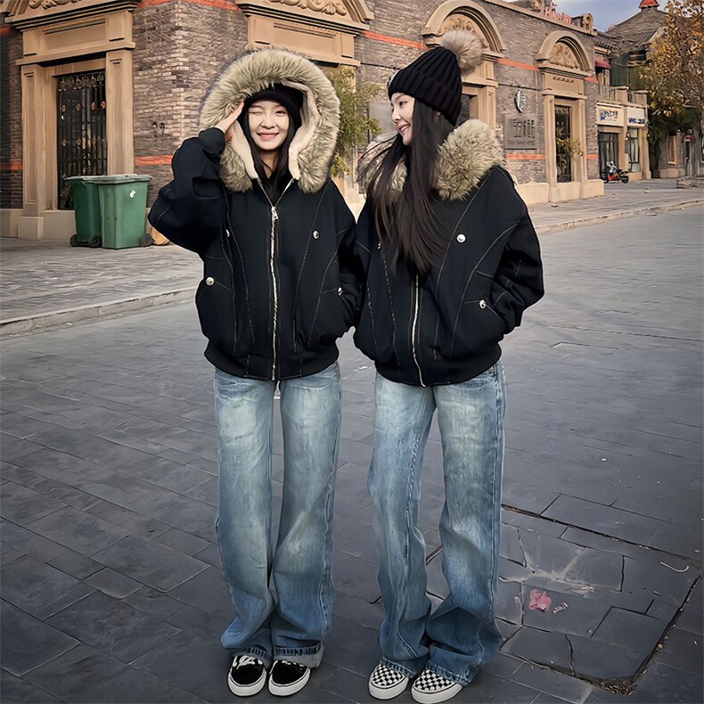 现货重磅boxy短款棉衣座山雕大毛毛领男女棉服水洗工装厚外套，男装棉衣，电商A443