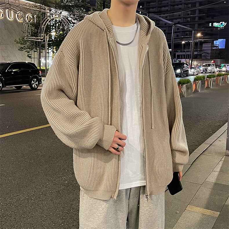 纯色简约毛衣男士秋冬季新款宽松休闲cleanfit针织衫开衫连帽外套图片
