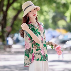 时尚翻领天丝棉麻短袖衬衫女2025夏新款宽松显瘦洋气印花衬衣小衫，女装衬衫，涵墨