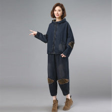 2021秋季新款时尚印花拼接水洗连帽牛仔套装，女装套装/套裙，叶笙衣