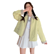 现货韩版时尚假两件短外套女洋气春秋季新款小个子显瘦工装夹克，女装短外套，韩蔻秀