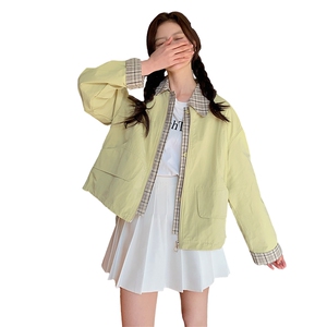 现货韩版时尚假两件短外套女洋气春秋季新款小个子显瘦工装夹克图片