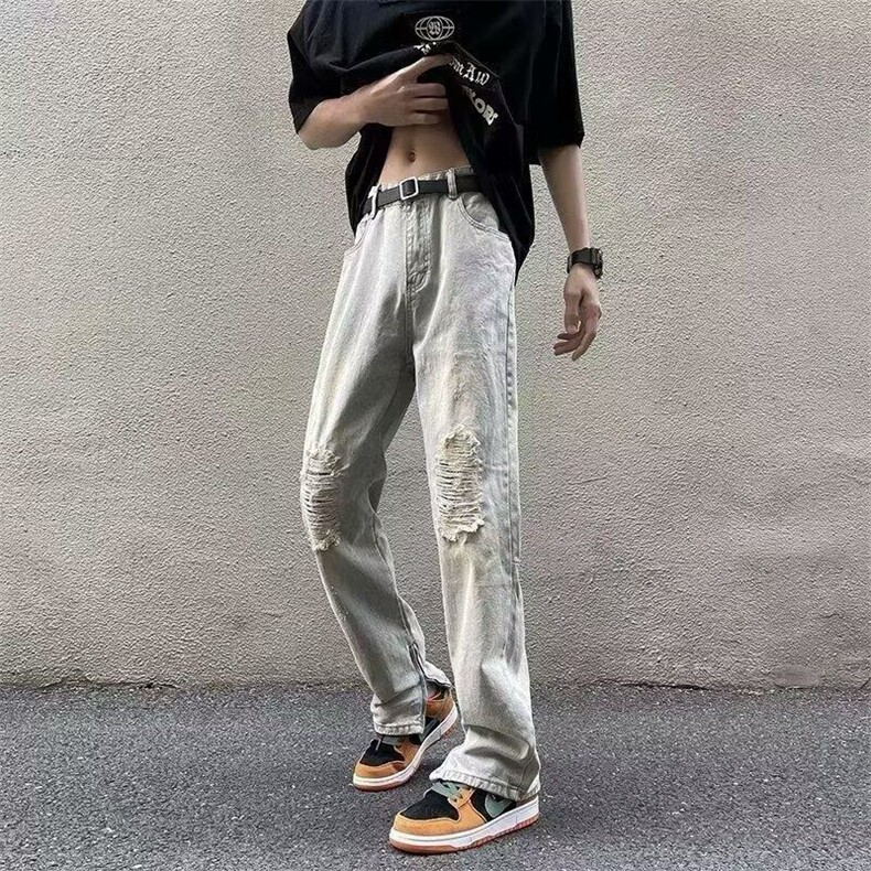 欧美风破洞补丁牛仔裤男裤脚拉链设计感小众宽松直筒裤子,男装牛仔裤,星座506A
